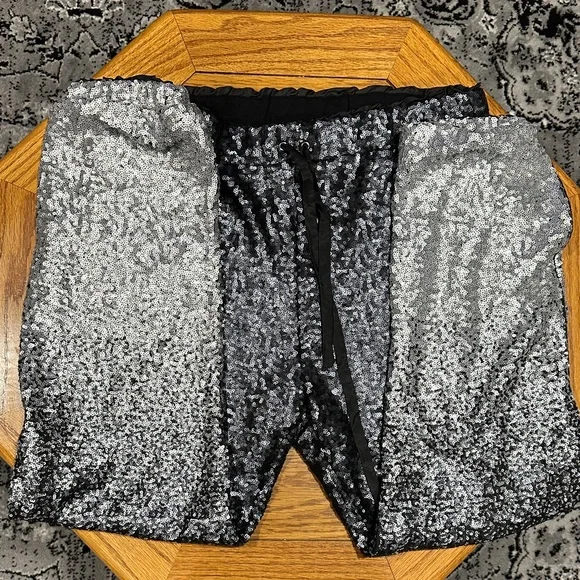 *JOHNNY WAS* Black x Silver Sequin Simona Jogger Pants Size Medium - Picture 8 of 11